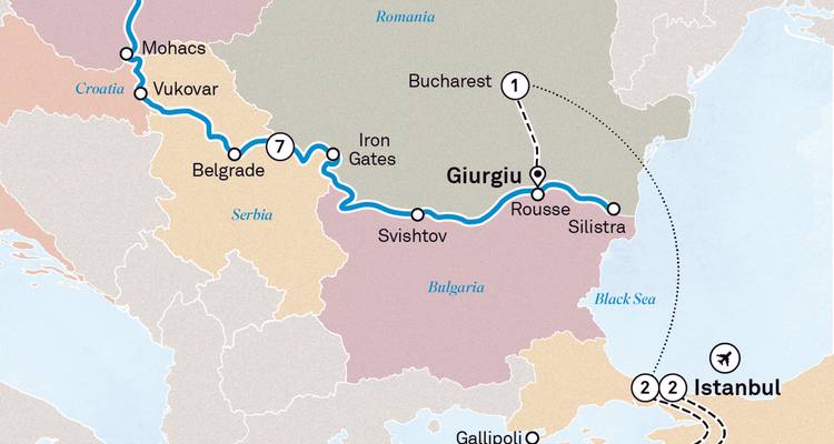 Carte de voyage montrant les itinéraires de Budapest à Istanbul, traversant plusieurs pays.