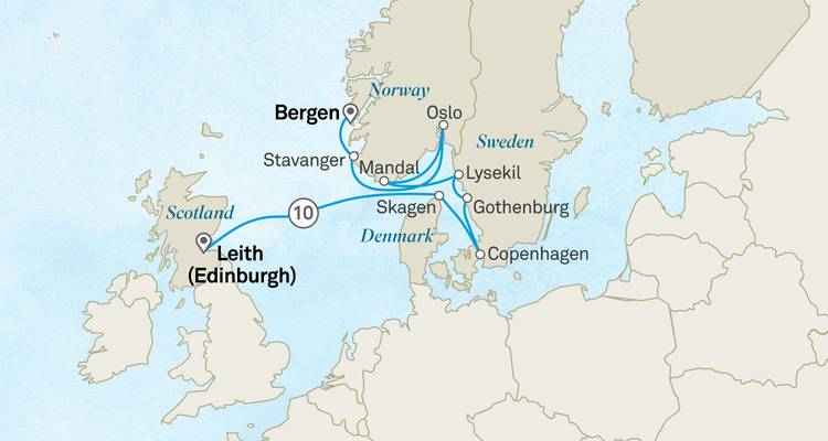 Carte de croisière illustrée montrant l'itinéraire d'Édimbourg vers les ports scandinaves.