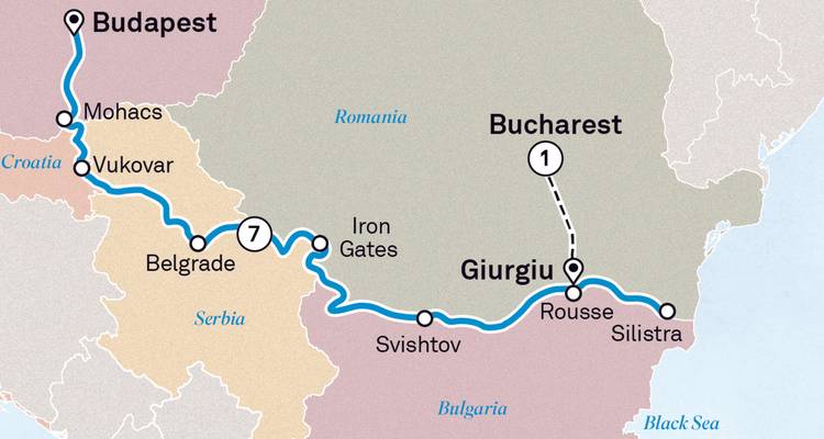 Mapa de viaje detallando rutas a través de Hungría y Rumania, concluyendo en Bucarest.