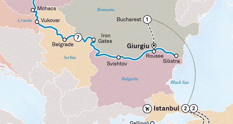 Carte de voyage illustrant les itinéraires reliant Budapest à Istanbul.