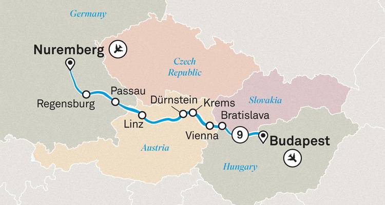 Carte d'itinéraire de Nuremberg via Vienne et Bratislava à Budapest