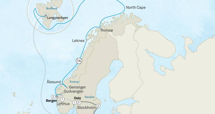 Mapa de ruta combinada de tren-crucero a través de Escandinavia hasta Svalbard.