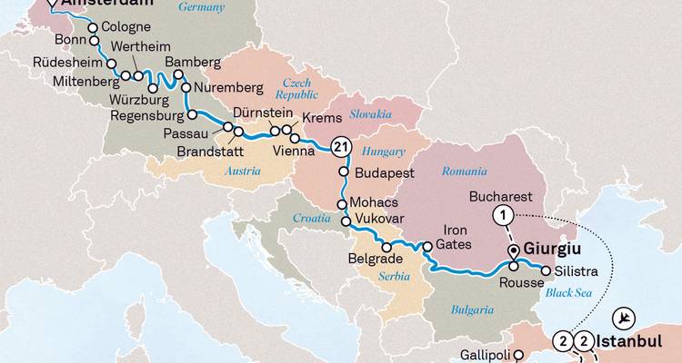 Carte mettant en évidence les itinéraires de voyage à travers l'Europe incluant Amsterdam et Istanbul.