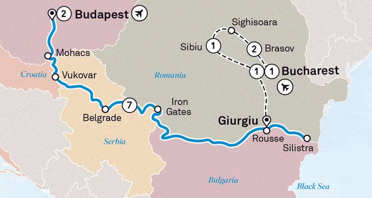 Carte montrant les itinéraires de voyage à travers l'Europe centrale incluant Budapest, Bucarest et Belgrade.
