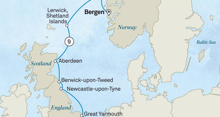 Carte montrant les itinéraires de voyage en Europe du Nord avec les villes marquées.