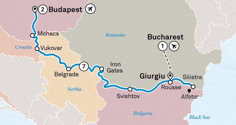 Carte illustrant un itinéraire de voyage depuis Budapest avec les principales villes européennes.