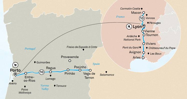 Carte montrant les itinéraires de voyage de Porto à Lyon.