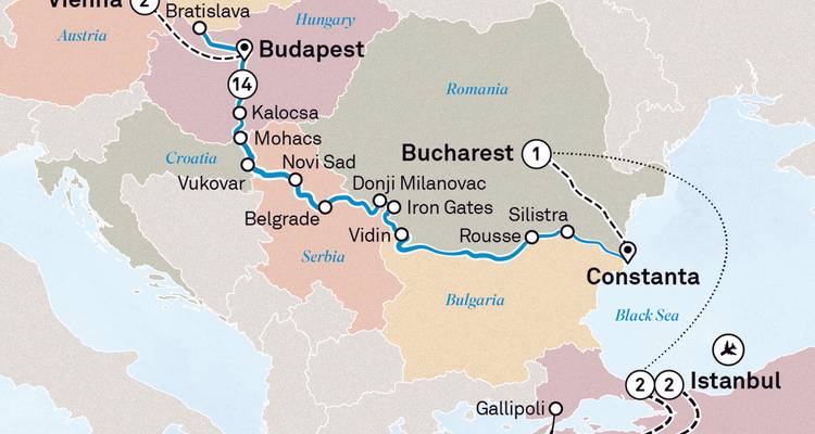 Mapa que muestra una ruta de viaje a través de varias ciudades.