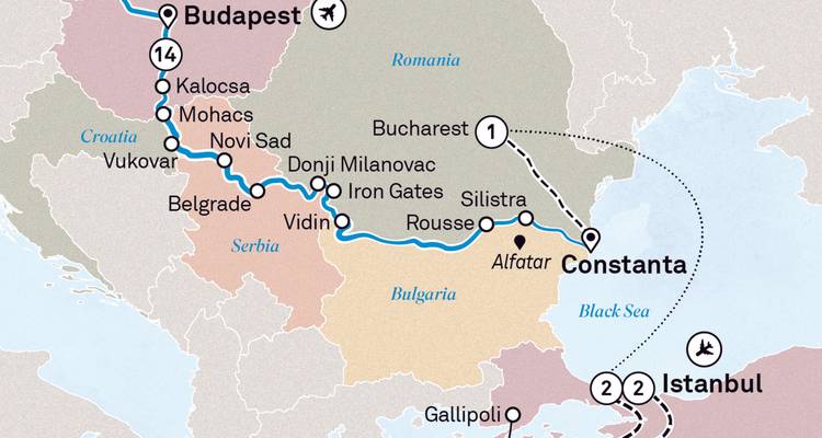 Carte montrant un itinéraire de voyage à travers plusieurs villes.