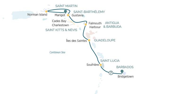 Carte d'itinéraire de croisière des îles des Caraïbes mettant en évidence le trajet de la Martinique à la Barbade.