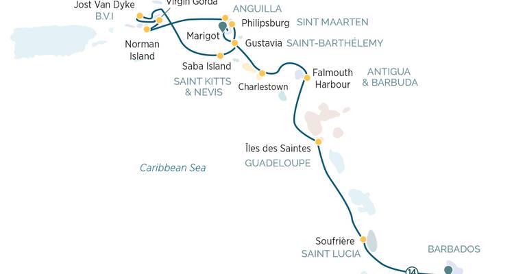 Mapa del itinerario de crucero que conecta Barbados, Santa Lucía, Guadalupe e islas de las Islas Vírgenes Británicas.