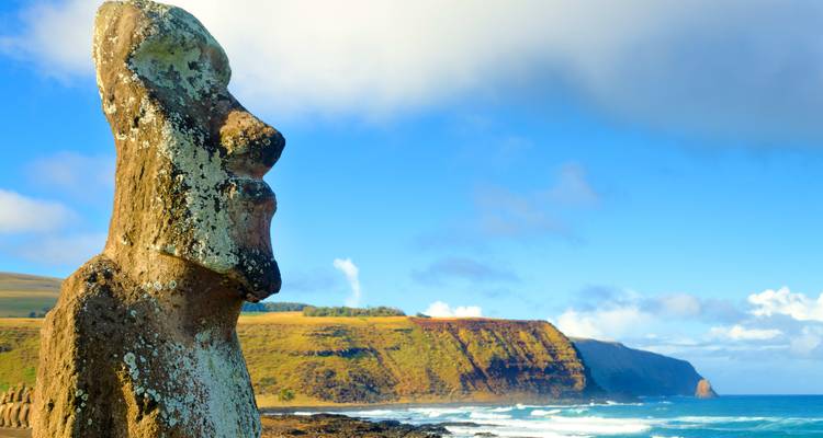 Nahaufnahme einer Moai-Statue auf der Osterinsel mit Küstenlandschaft.