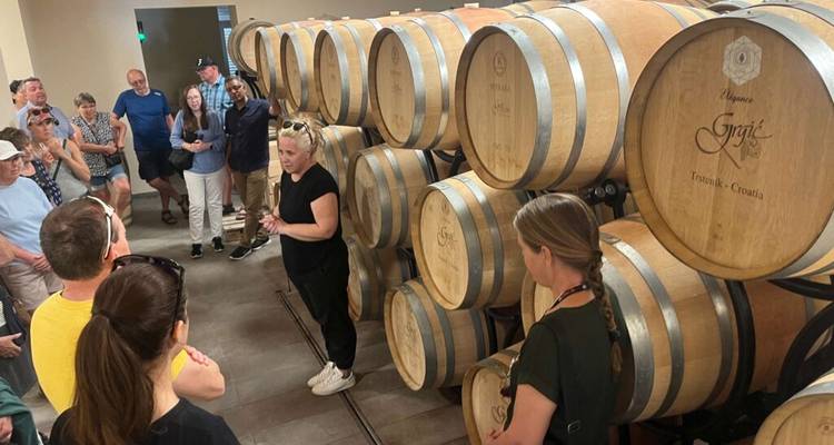 Un groupe de personnes visitant une cave à vin avec des tonneaux en bois.