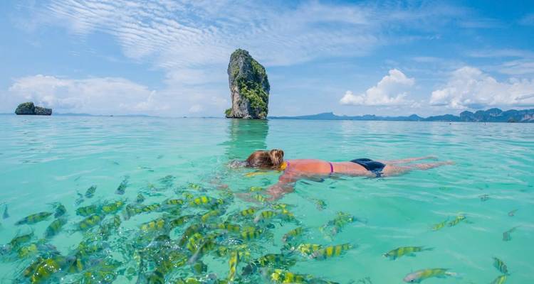 Personne faisant de la plongée avec tuba avec des poissons dans une eau cristalline.