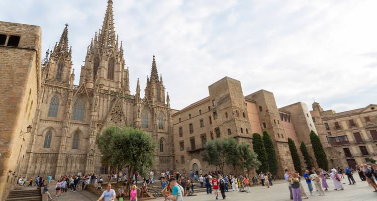 Menigten verzamelen zich voor de Gotische Kathedraal van Barcelona op het drukke Plaça Nova.
