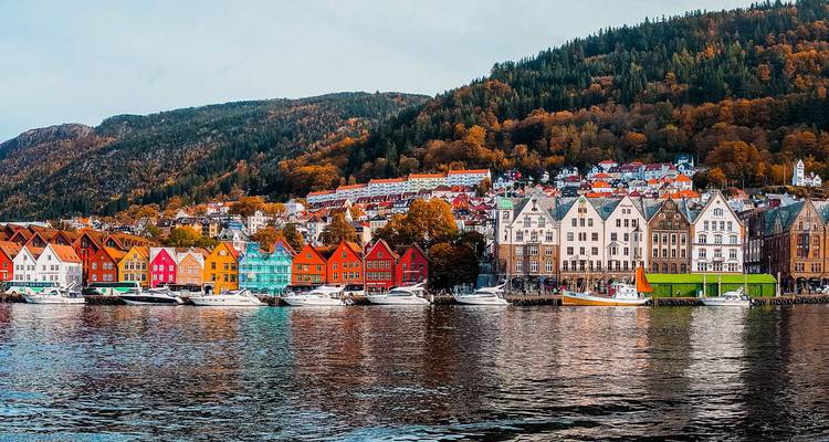 Farbenfrohe Holzlagerhauser säumen das Ufer einer Fjordstadt mit Booten, die davor vertaut sind, und einem bewaldeten Hang, der sich dahinter erhebt.