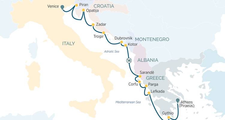 Stylised route map showing a cruise itinerary from Venice down the Adriatic coast to Athens.