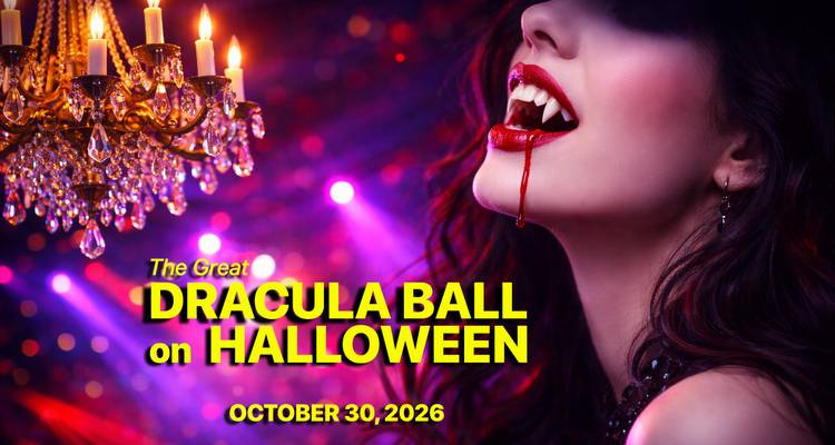 Une personne avec un maquillage de vampire et un lustre, avec du texte d'événement en superposition.