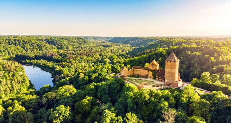 Schloss umgeben von grünem Wald und einem Fluss.