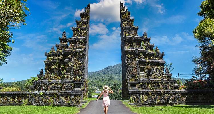 A person approaching an ornate traditional gate with mountains.