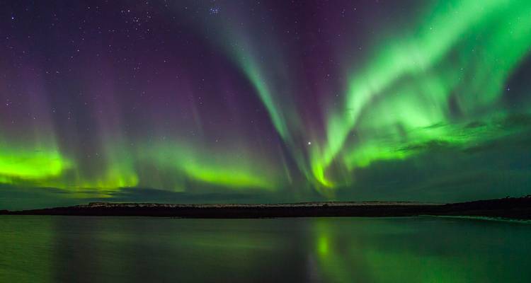 Aurore boréale vert brillant et violette dansant dans un ciel arctique nocturne étoilé se reflétant dans une eau calme.