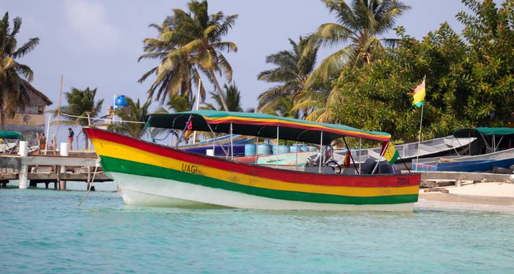 Bateau coloré sur des eaux claires avec des palmiers en arrière-plan.