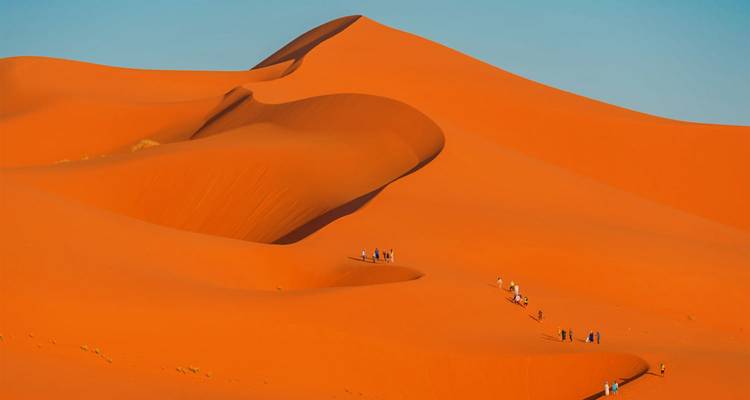Towering orange sand dunes of the Sahara with tiny trekkers tracing a winding ridge.
