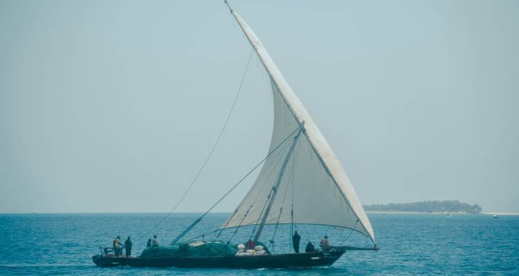 Un dhow tradicional con vela latina se desliza sobre las aguas turquesas frente a Zanzíbar.
