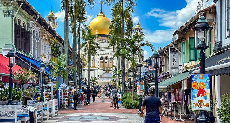 Drukke straat die leidt naar een moskee met palmbomen en winkels.