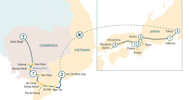 Une carte montrant des emplacements au Japon, au Vietnam et au Cambodge.