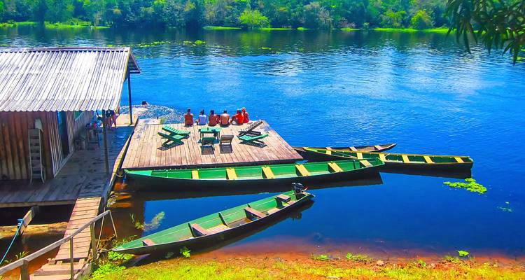 Houten drijvende steiger met groene kano's afgemeerd aan een rustig zwartwater meer in de Amazone