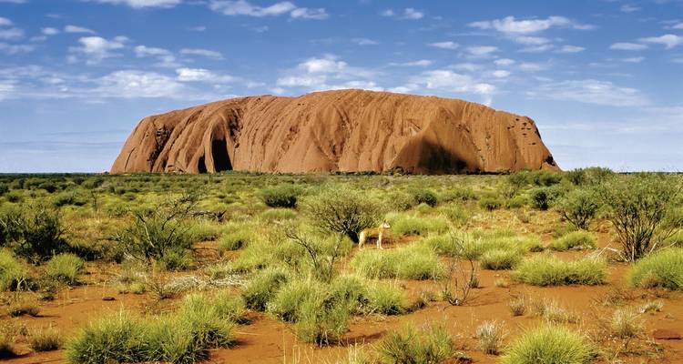 Uluru dans un paysage désertique sous un ciel bleu.