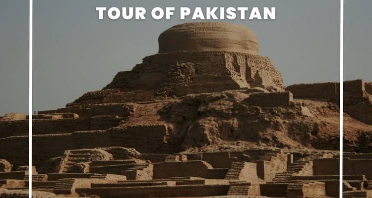 Graphic poster with text 'TOUR OF PAKISTAN' over an ancient stupa ruin within a white border frame.