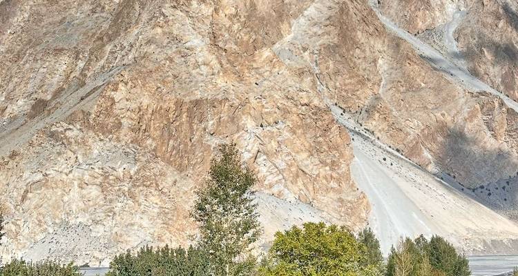 A sheer, sun-bleached rock face rises above a few scattered trees and scrub in a barren landscape.