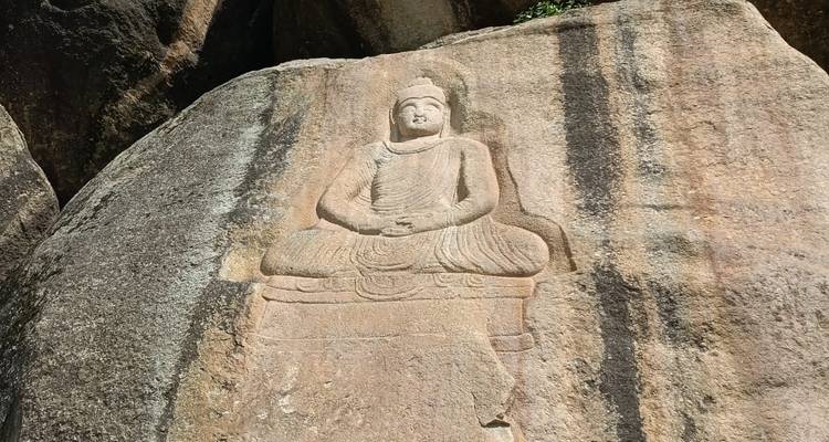 Un relief rocheux serein d'un Bouddha assis est sculpté dans un rocher de granit massif.