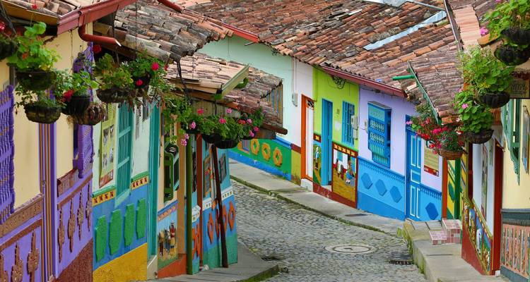 Vibrant, colorful houses on a charming street.