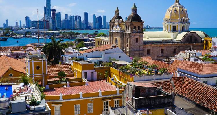 Cityscape of Cartagena with historic architecture and modern skyline.