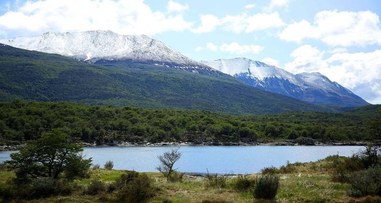 Snow-capped mountains by a forested lake.