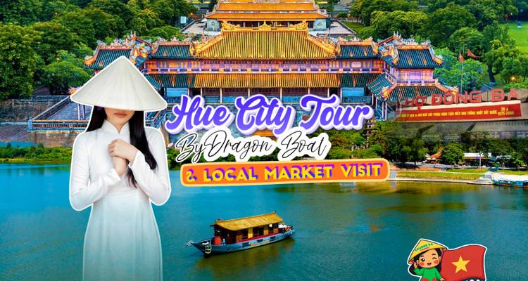 Image promotionnelle pour le Tour de la Ville de Hué avec un bateau sur une rivière et une grande pagode.