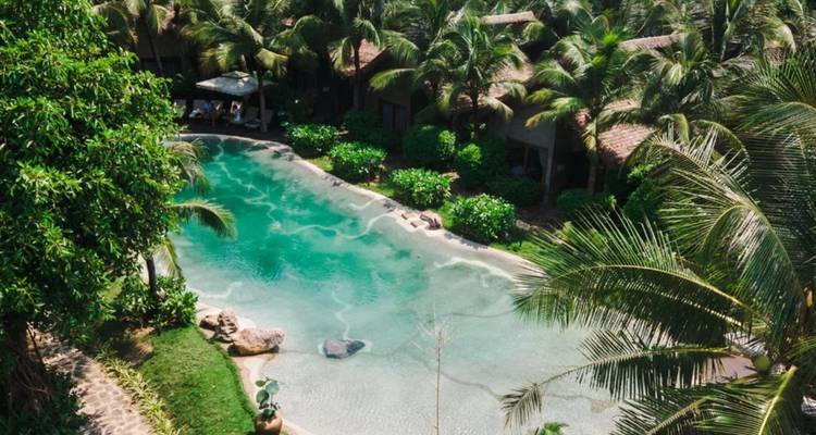 Aerial view of a lagoon-style turquoise swimming pool surrounded by palm trees and bungalow villas.