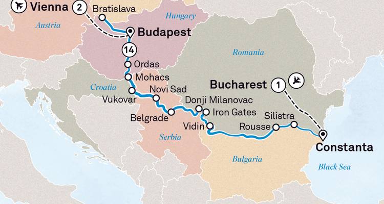 Carte montrant un itinéraire de voyage à travers plusieurs villes.