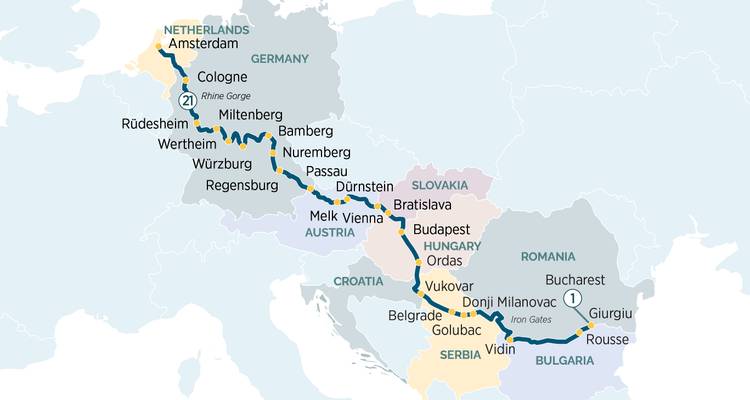 Carte illustrée montrant un itinéraire de croisière fluviale européenne d'Amsterdam à la mer Noire