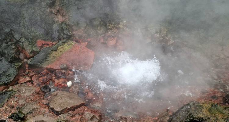 Source chaude avec de l'eau fumante entourée de rochers.