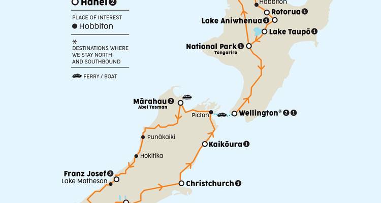 A map showing travel routes and destinations in New Zealand.