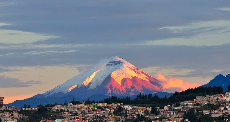 Vue du coucher de soleil d'un volcan enneigé surplombant une ville.