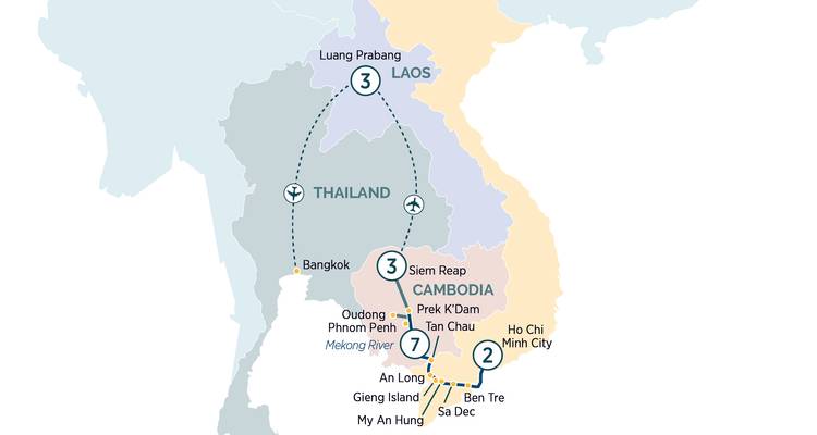 Carte illustrée montrant un itinéraire de voyage multi-pays à travers la Thaïlande, le Laos, le Cambodge et le Vietnam