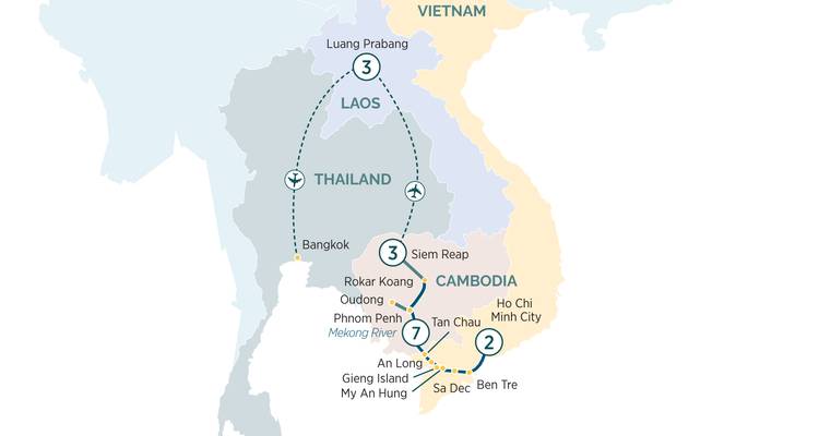 Carte illustrée montrant un itinéraire de voyage multi-pays à travers la Thaïlande, le Laos, le Cambodge et le Vietnam.