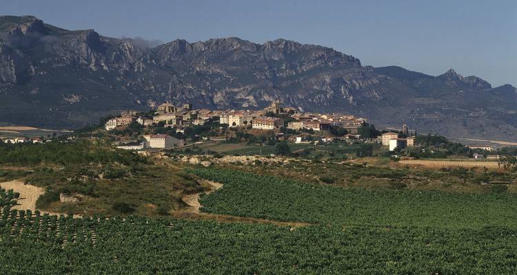Ville médiévale perchée entourée de vignobles étendus et de pics rocheux.