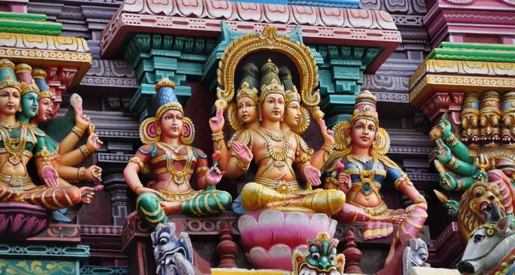 Close-up van kleurrijke Hindoeïstische godheden op een tempelgevel.