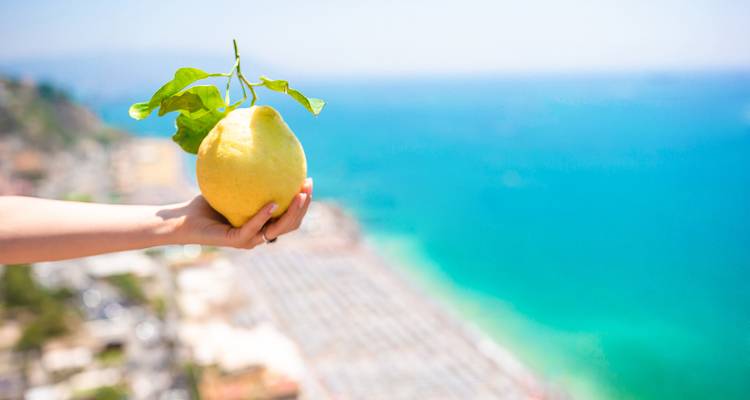 Main tenant un citron géant avec la côte amalfitaine turquoise éclatante et la plage loin en contrebas.
